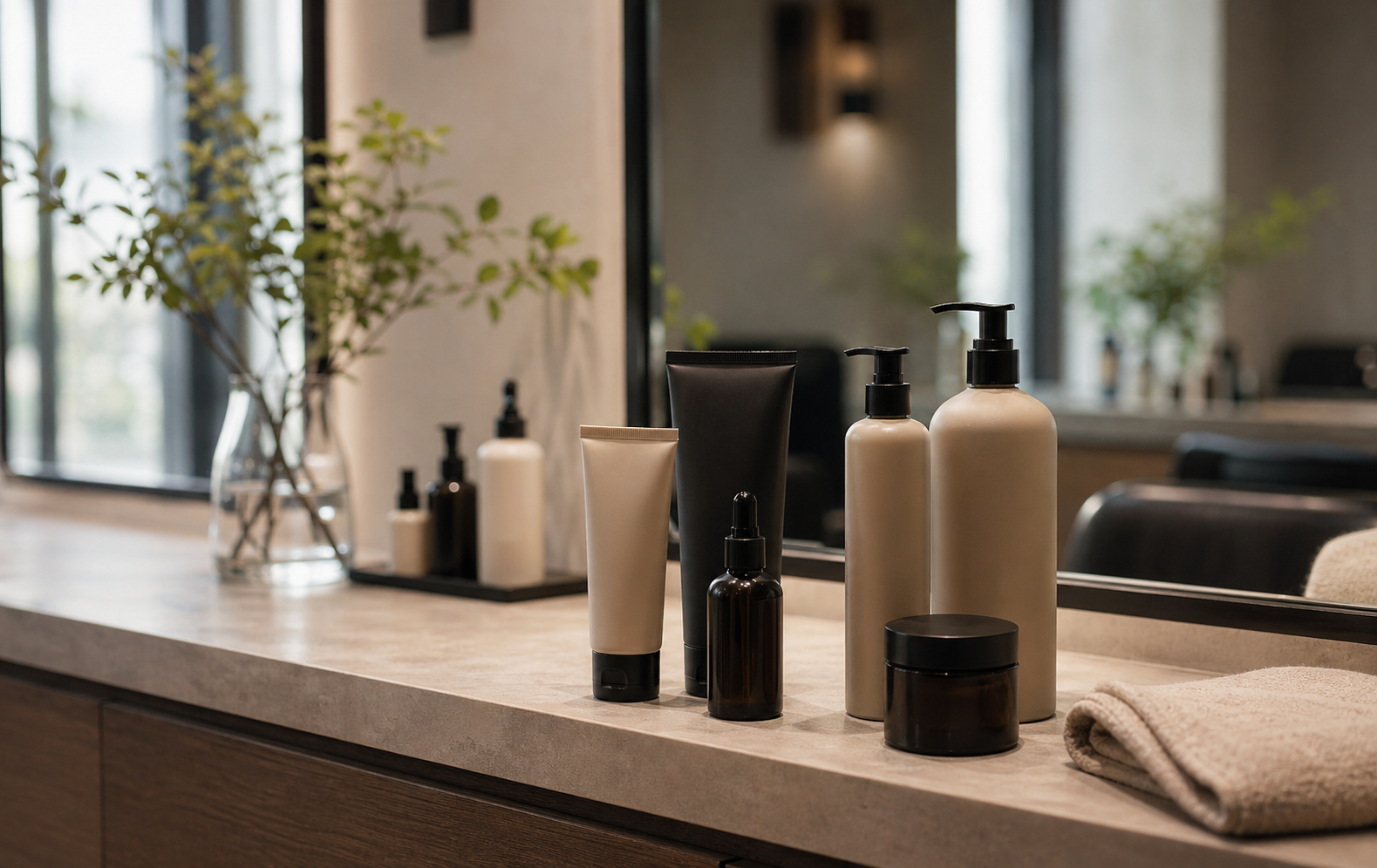 ヘアケア用品が並ぶサロンカウンター