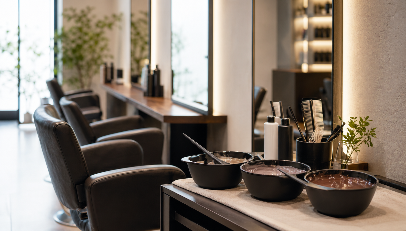 ヘアカラー施術の道具とサロンミラー