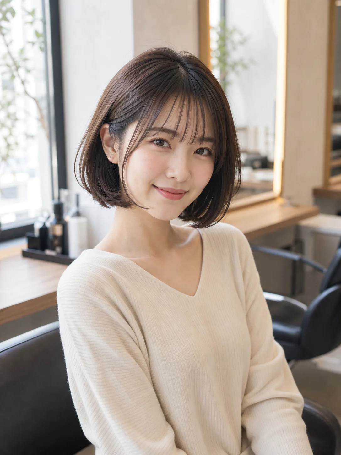 サロンで仕上げたやわらかなボブスタイルの女性