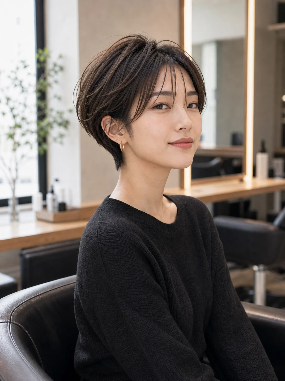 サロンで仕上げたショートピクシーボブの女性