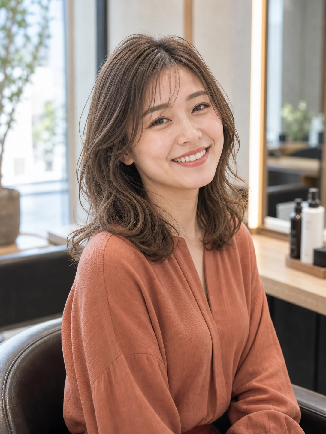 サロンで仕上げた透明感カラーとゆるいウェーブの女性