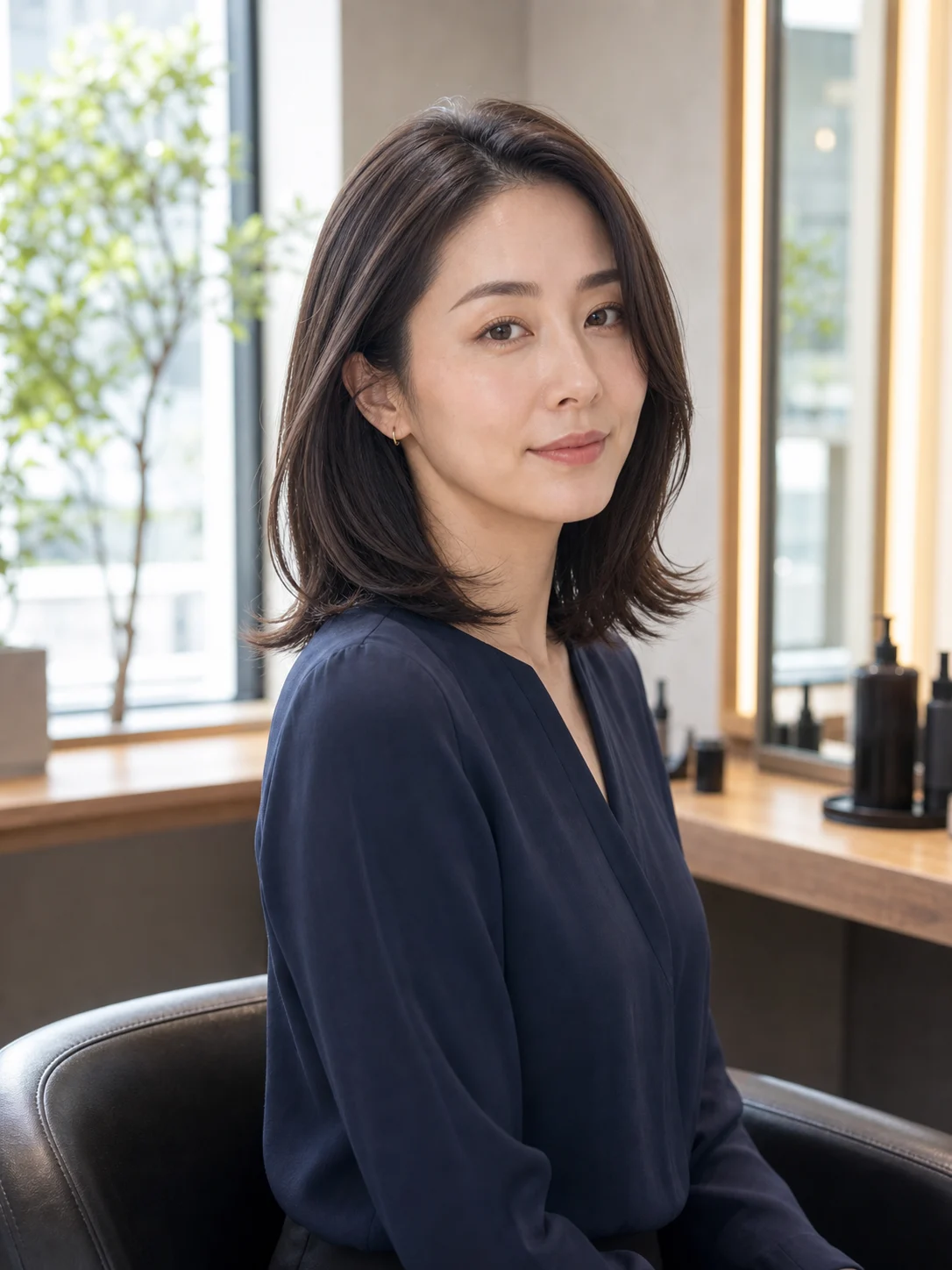 サロンで仕上げたミディアムロブの女性