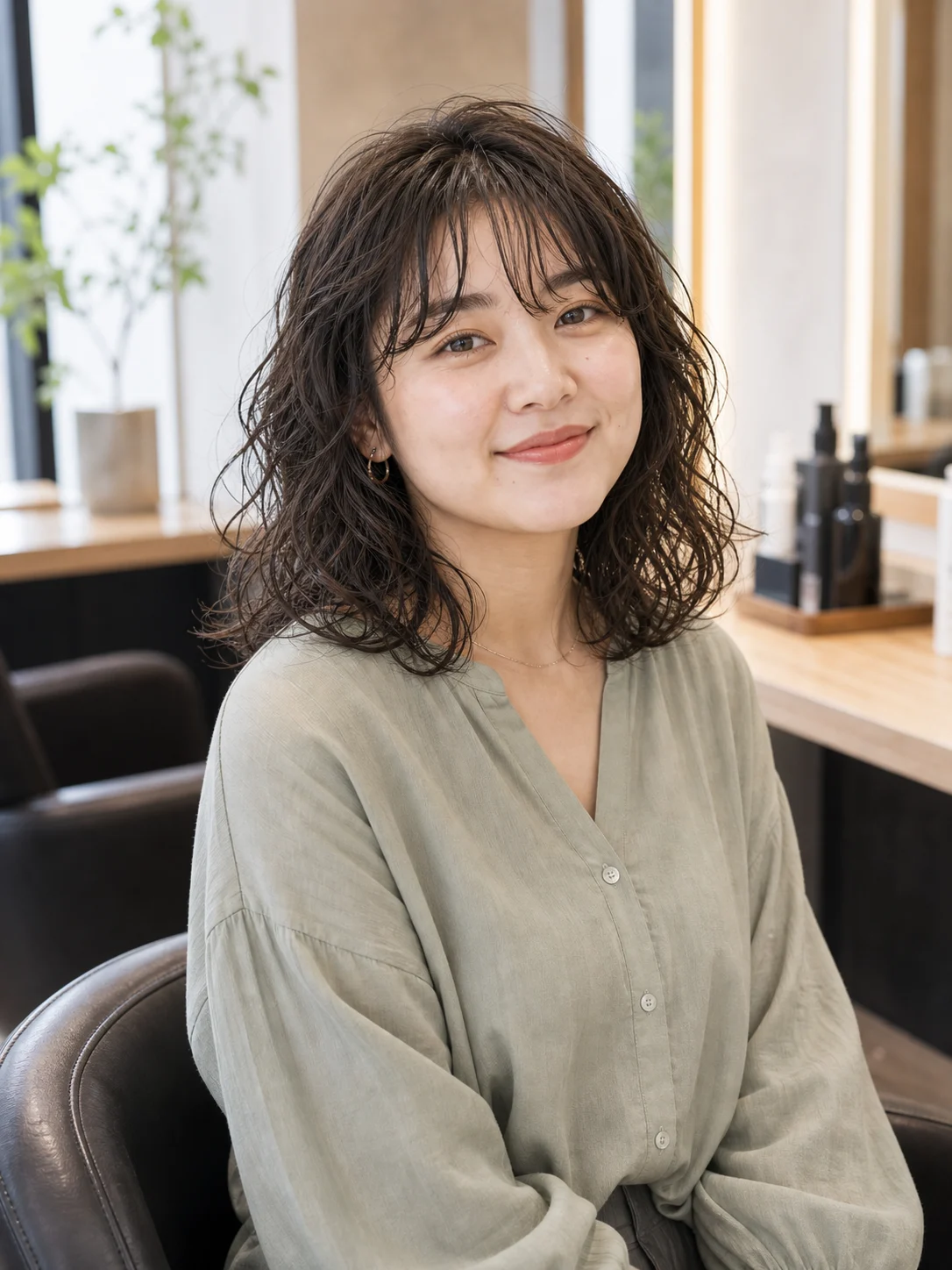 サロンで仕上げたくせ毛を活かしたナチュラルカールの女性