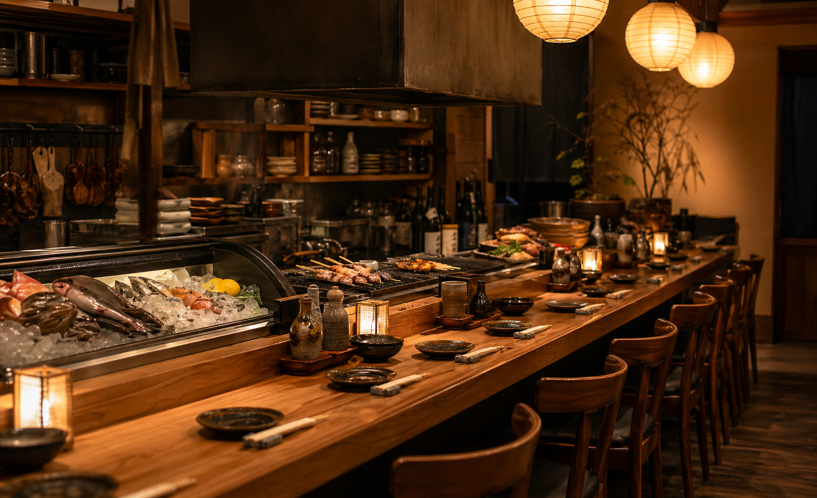 炭火料理を楽しめるカウンター席