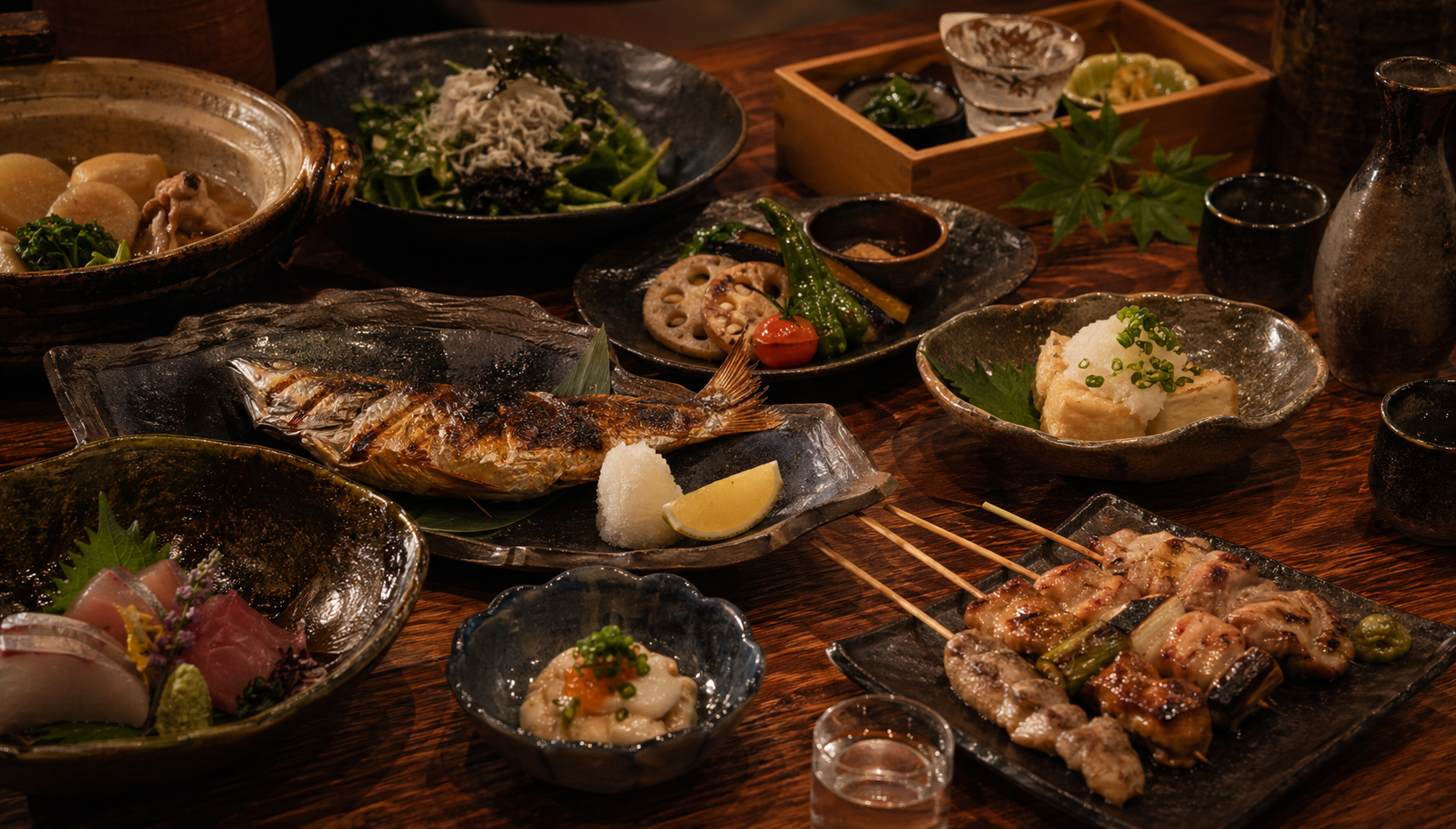 炉端料理と小皿が並ぶ宴会コース