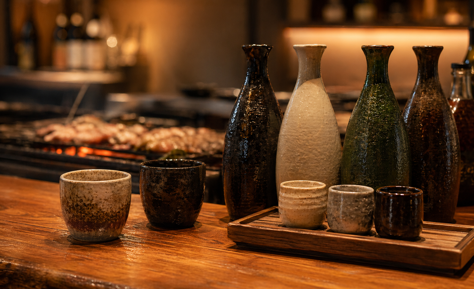 日本酒と酒器が並ぶカウンター