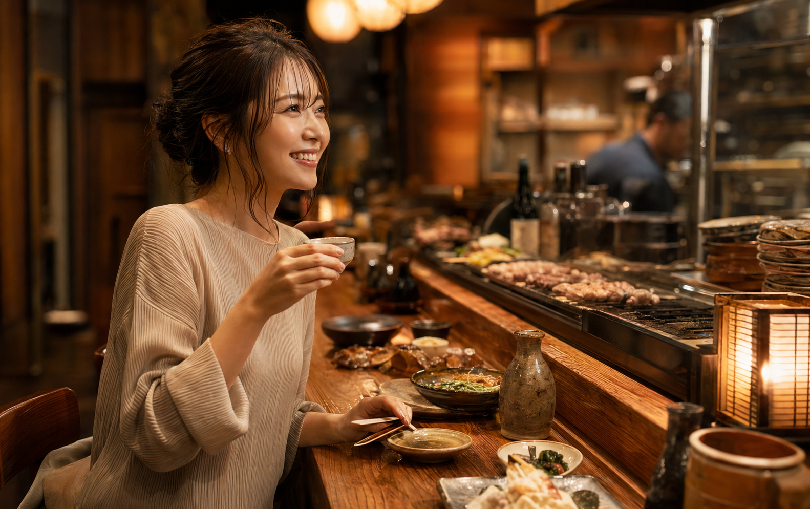 炉端居酒屋で食事を楽しむ女性