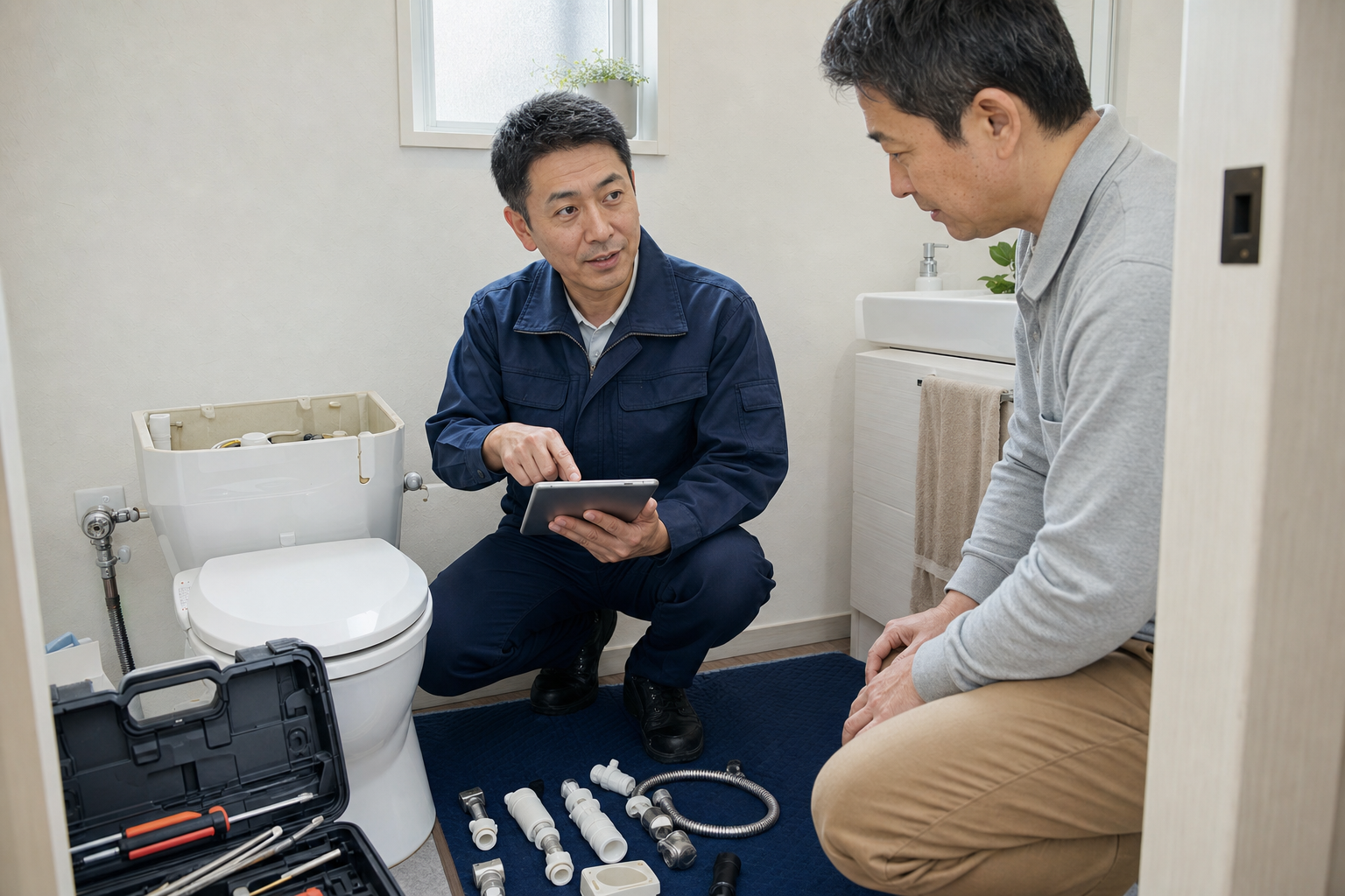 水道修理の作業前見積を説明するスタッフ