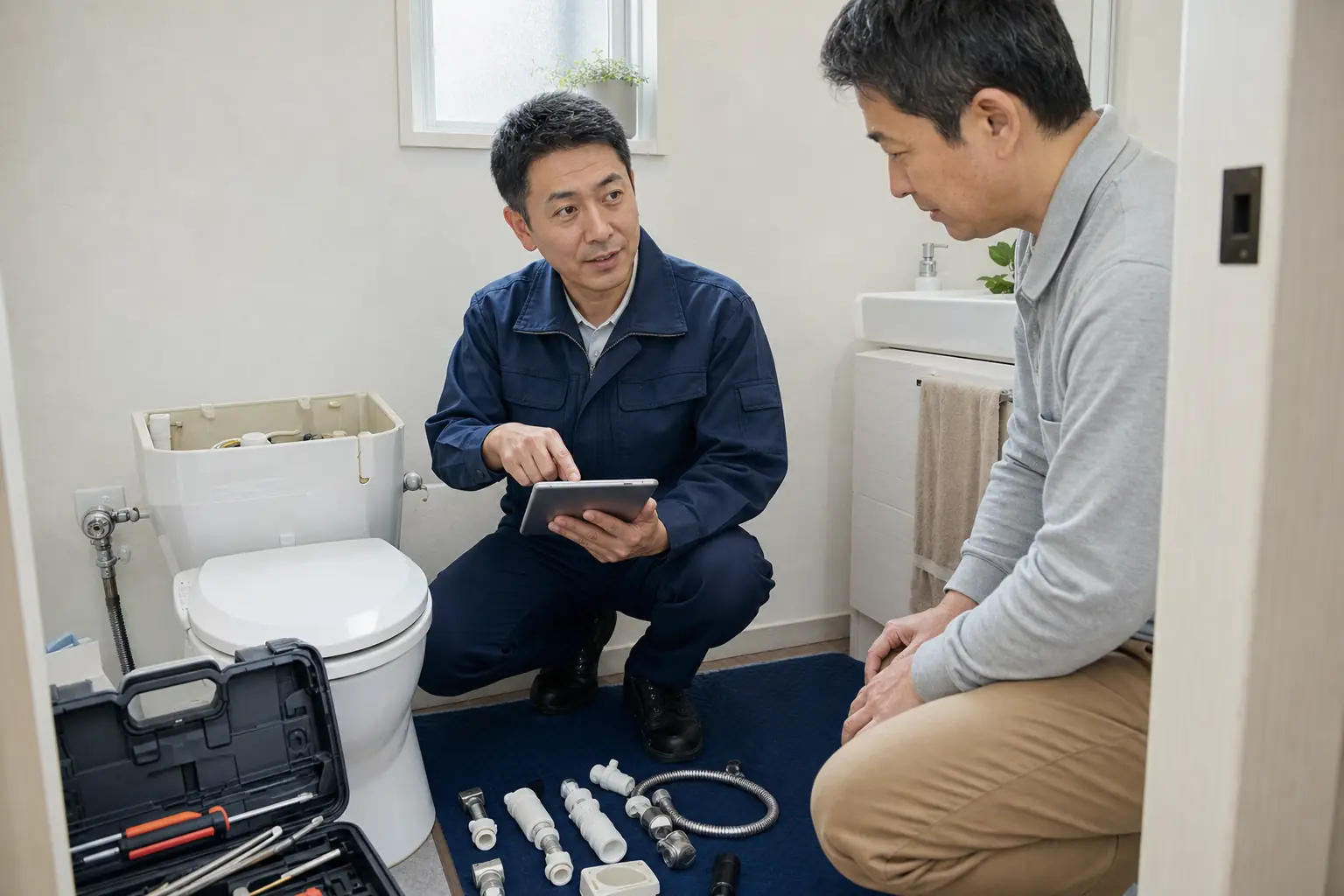 水道修理の作業前見積を説明するスタッフ