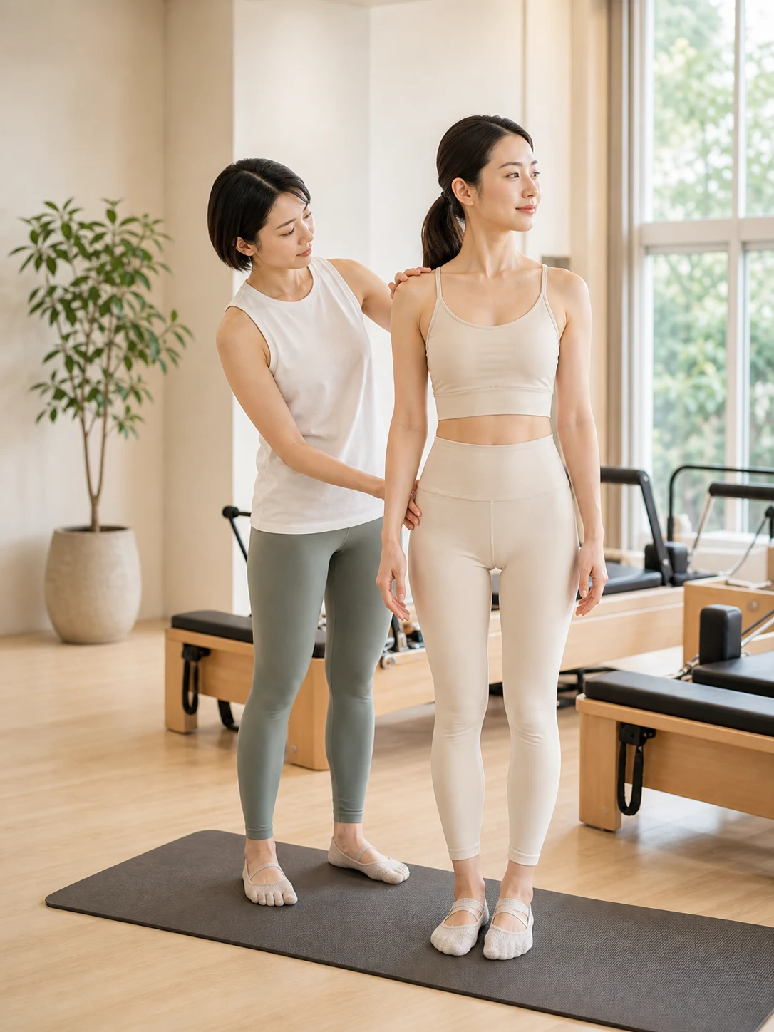 体験レッスンで姿勢と呼吸を確認するインストラクター