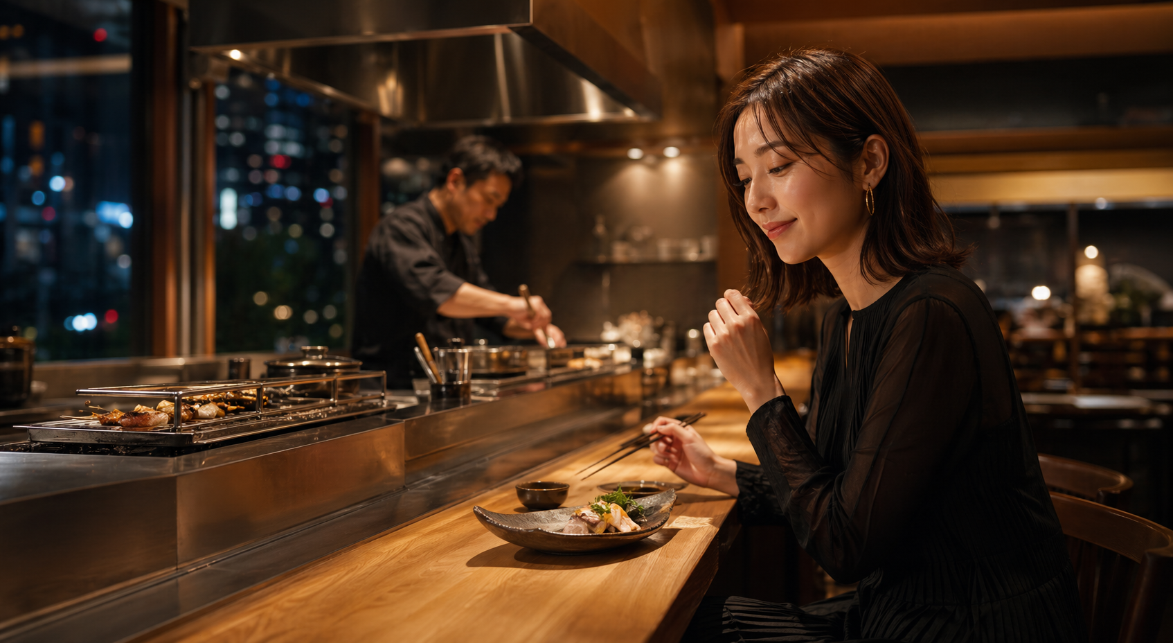 ネオ酒場で料理とお酒を楽しむ女性