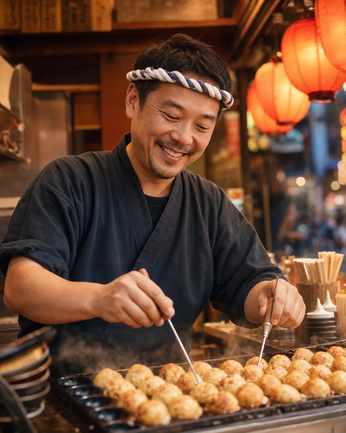 鉄板でたこ焼きを焼く店主