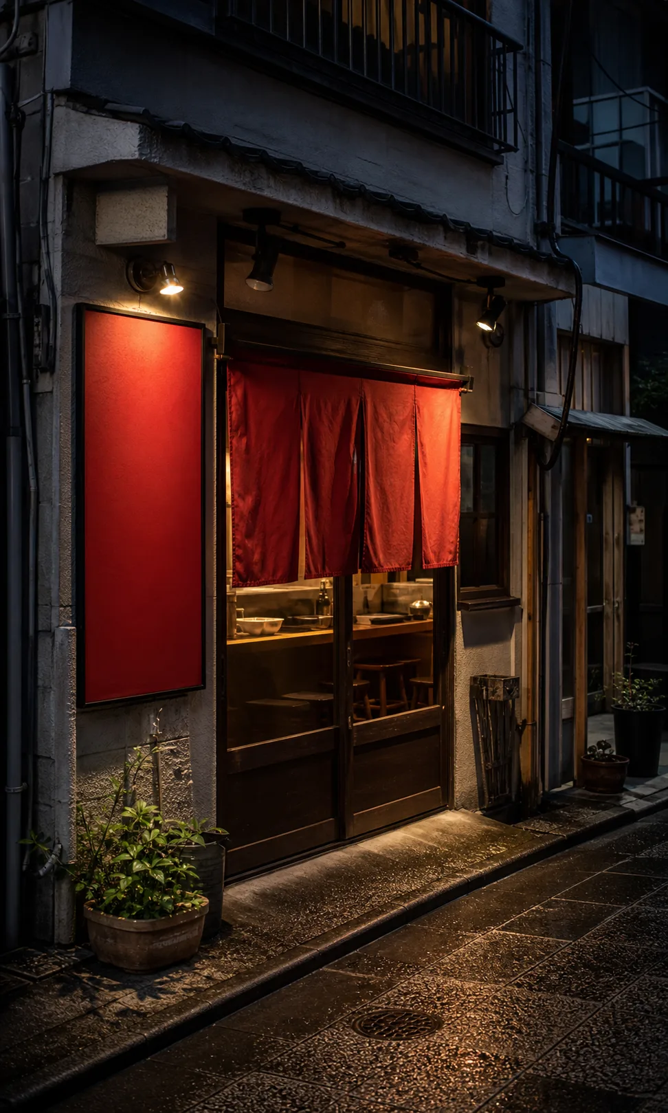 赤い暖簾が目印の夜の朝天店舗外観