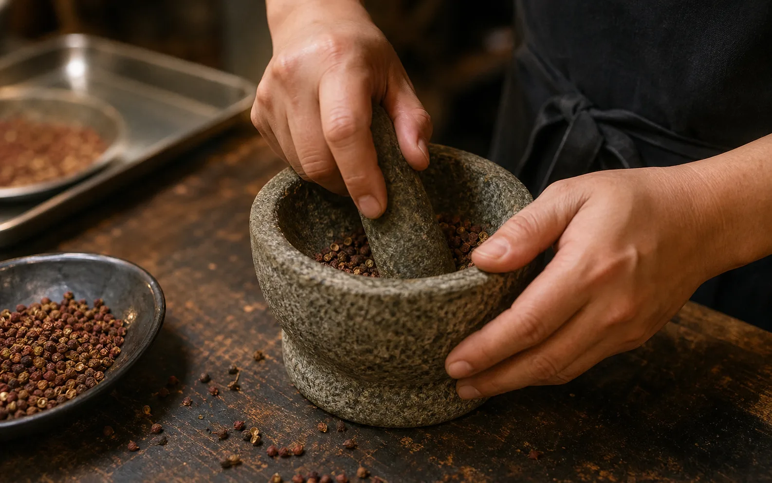 石臼で花椒を挽く店主の手元