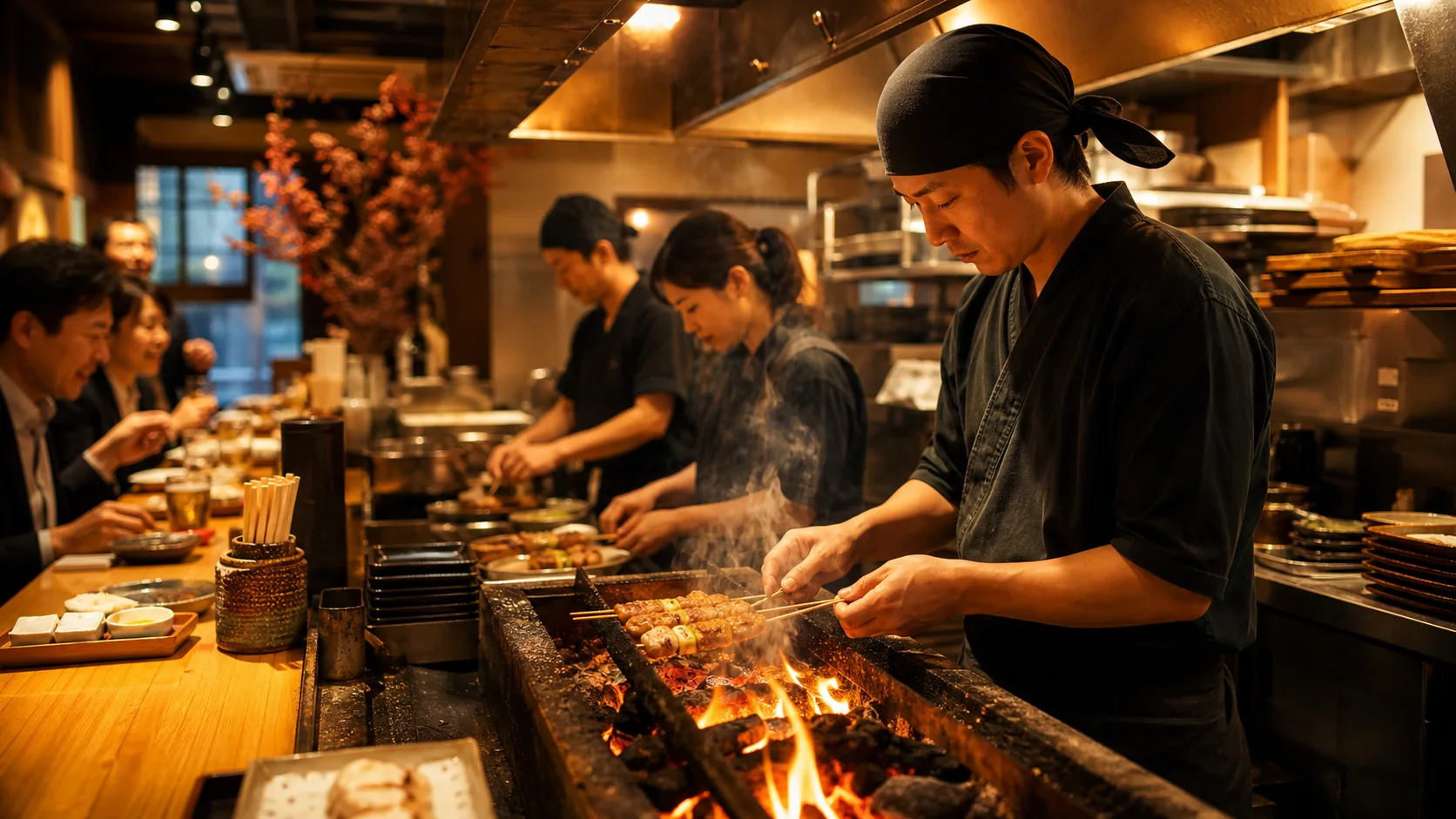 炭火焼きダイニングの厨房とスタッフ